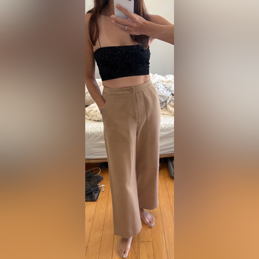 Oak + Fort tan cropped high rise wide leg trousers